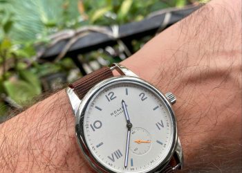 Close up of a Nomos Glashutte watch