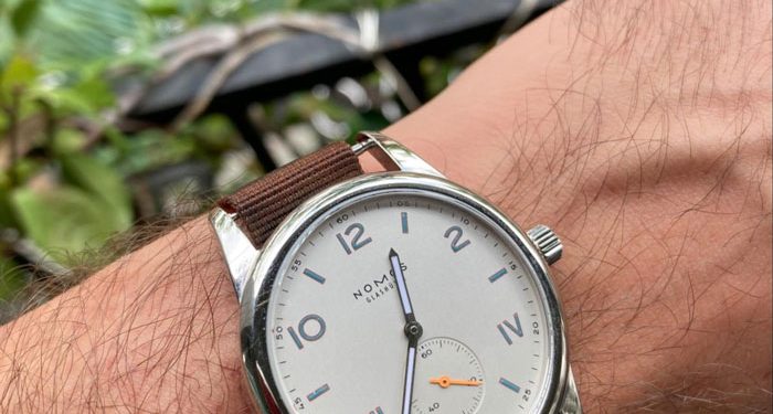 Close up of a Nomos Glashutte watch