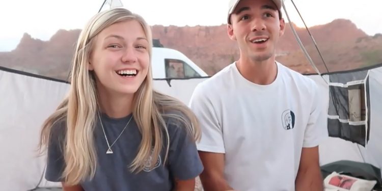 Gabby Petito, left, smiles next to Brian Laundrie, right.