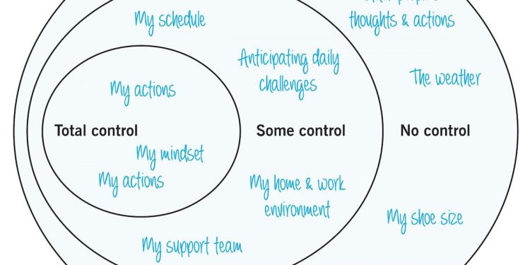 Sphere of Control: Graphic that depicts three overlapping circles with the labels “total control,” “some control,” and “no control.” People can use the image to focus their attention on what they can control—and therefore lower their stress.