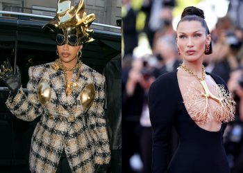 Cardi B. and Bella Hadid both wore Schiaparelli in 2021. Getty Images (left), Schiaparelli (right).