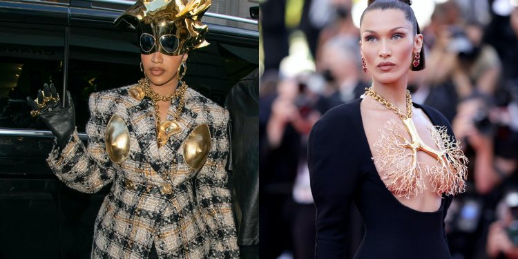 Cardi B. and Bella Hadid both wore Schiaparelli in 2021. Getty Images (left), Schiaparelli (right).