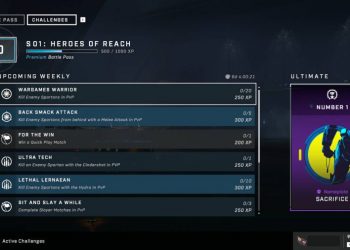 A list of the upcoming weekly challenges in Halo Infinite. The reward for a particular week is shown on the right.