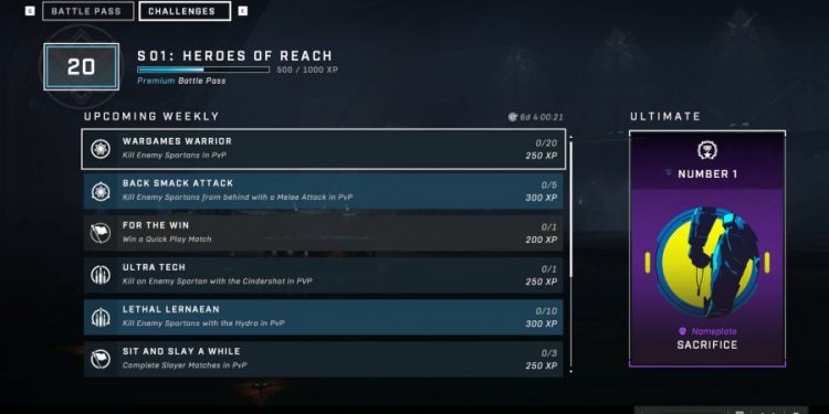 A list of the upcoming weekly challenges in Halo Infinite. The reward for a particular week is shown on the right.