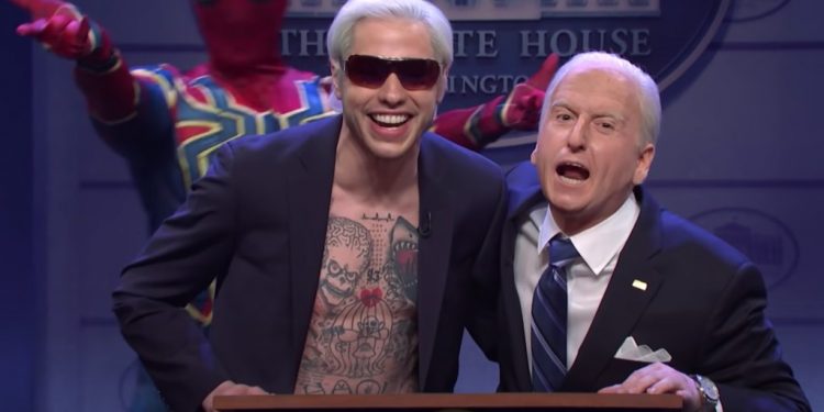 Pete Davidson and James Austin Johnson, who portrayed President Biden, pokes fun at the "Spider-Man: No Way Home" film in the show's cold open.