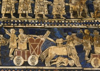 Mosaic scene of a Sumerian artifact, showing kungas pulling wagons