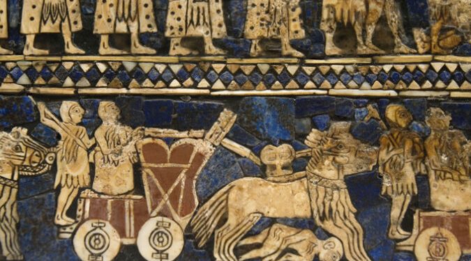 Mosaic scene of a Sumerian artifact, showing kungas pulling wagons