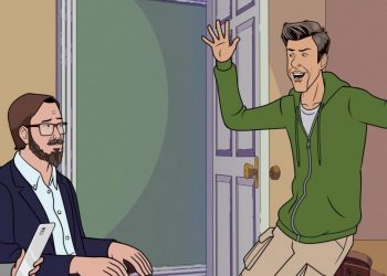 Animated character John sits on a couch while Daavid stands in front of him with his hands in the air.