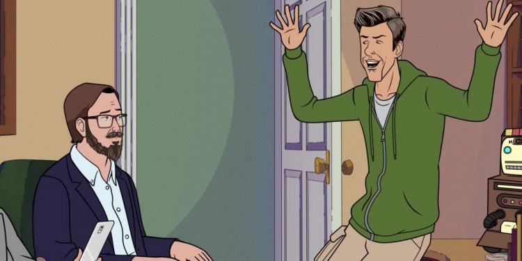 Animated character John sits on a couch while Daavid stands in front of him with his hands in the air.