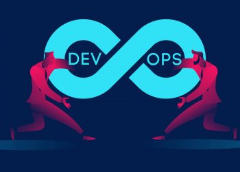 Devops concept business illustration in red and blue neon gradients.