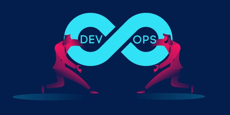 Devops concept business illustration in red and blue neon gradients.