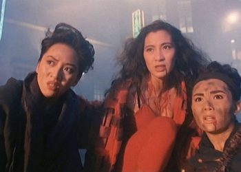 Anita Mui, Michelle Yeoh, and Maggie Cheung in The Heroic Trio.