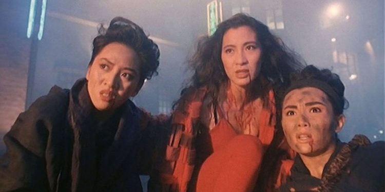 Anita Mui, Michelle Yeoh, and Maggie Cheung in The Heroic Trio.