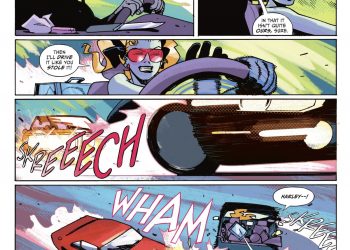 Upon realize that the man behind them has rammed the back of their car, Harley Quinn yanks the wheel and puts the vehicle in to a controlled spin to smash him right back, yelling “You like scaring girls, punk!” in Catwoman #43 (2022).