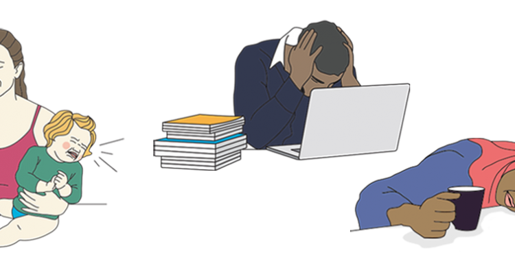 Images shows 1) a frustrated woman talking on the phone while holding a crying baby, 2) a stressed out-looking man, hands on head as he leans over his laptop, and 3) a women sleeping at a desk with her hand on a cup of coffee. They're the embodiment of stressed, overwhelmed, and exhausted.