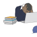 Images shows 1) a frustrated woman talking on the phone while holding a crying baby, 2) a stressed out-looking man, hands on head as he leans over his laptop, and 3) a women sleeping at a desk with her hand on a cup of coffee. They're the embodiment of stressed, overwhelmed, and exhausted.