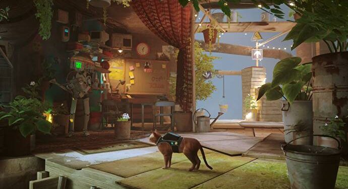 The cat of Stray looks at Malo, a robot in Antvillage.