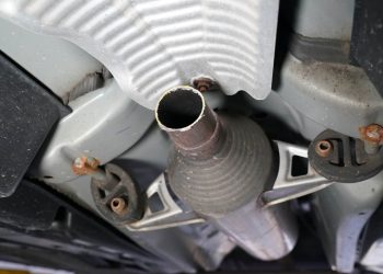 A general view of the exhaust system after the catalytic converter was stolen from a 2008 Toyota Prius as seen at the Meineke Car Car Center in Hawthorne, NJ on October 2, 2021.