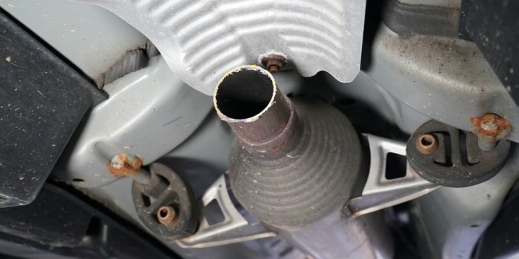 A general view of the exhaust system after the catalytic converter was stolen from a 2008 Toyota Prius as seen at the Meineke Car Car Center in Hawthorne, NJ on October 2, 2021.