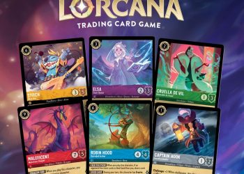 The first six Lorcana cards, featuring Stitch, Elsa, Curella De Vil, Meleficent as a dragon, Robin Hood, and Captain Hook.