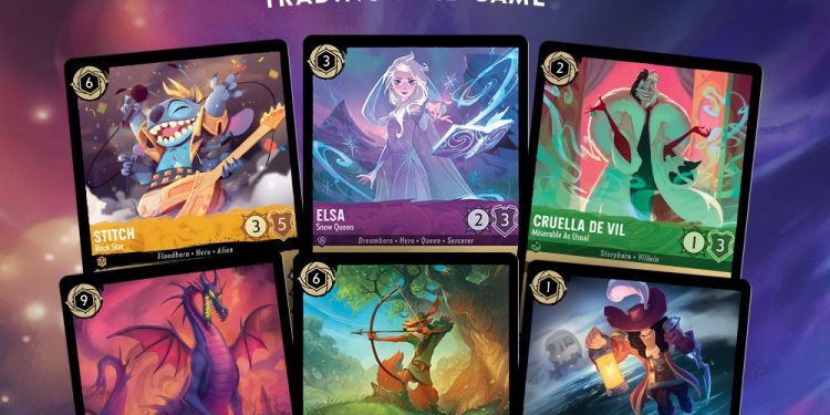 The first six Lorcana cards, featuring Stitch, Elsa, Curella De Vil, Meleficent as a dragon, Robin Hood, and Captain Hook.
