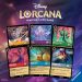 The first six Lorcana cards, featuring Stitch, Elsa, Curella De Vil, Meleficent as a dragon, Robin Hood, and Captain Hook.